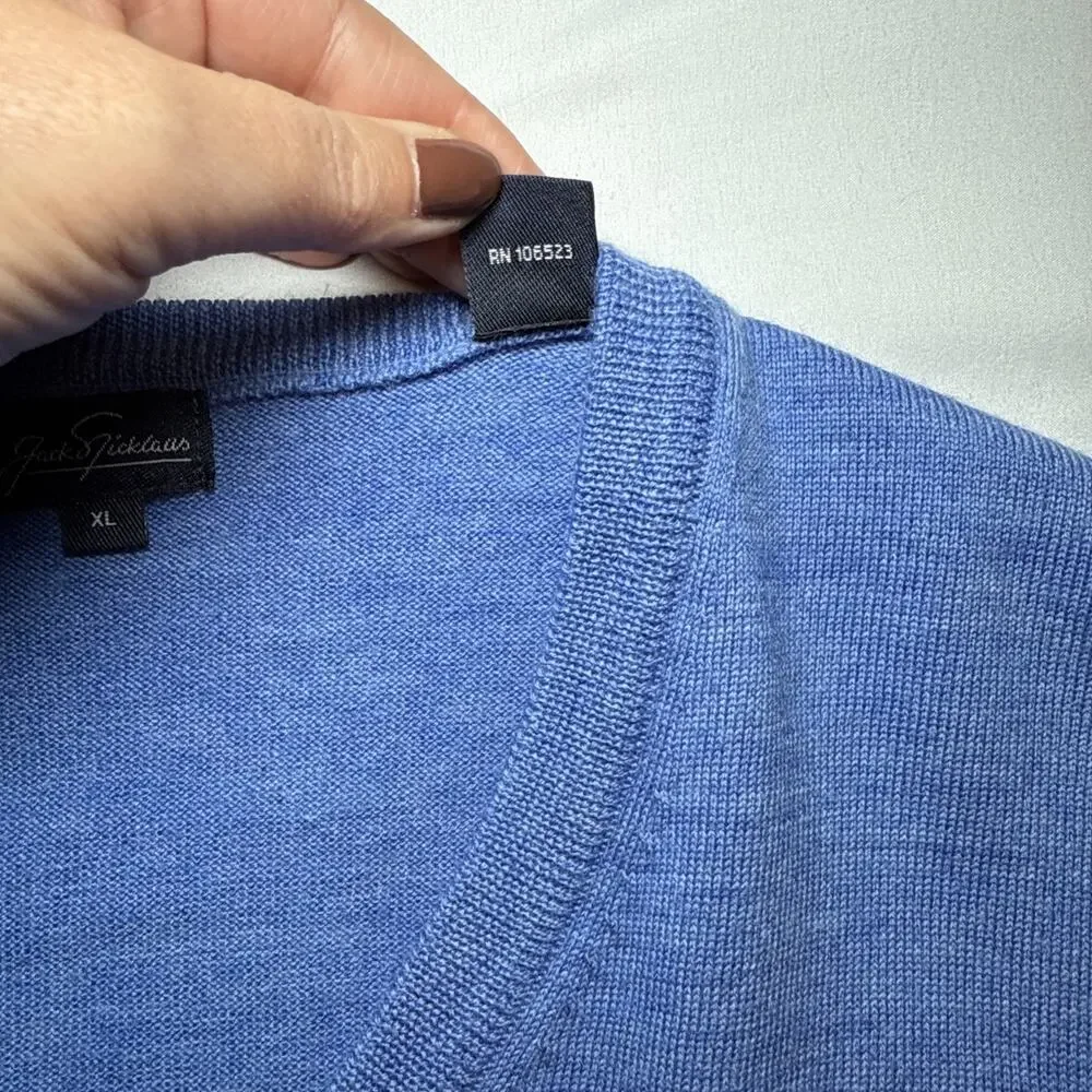 Jack Nicklaus Sweater Mens XL Blue 100% Merino Wool Knit V-Neck Pullover EUC